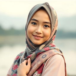 An Indonesian girl wearing a beautifully patterned hijab, posing gracefully with a serene expression