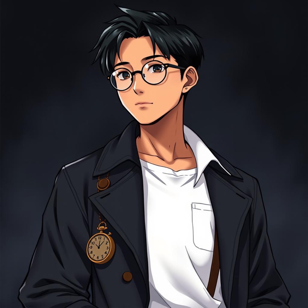 A full-body illustration of a young Asian man with deep brown skin and straight black hair, wearing round glasses