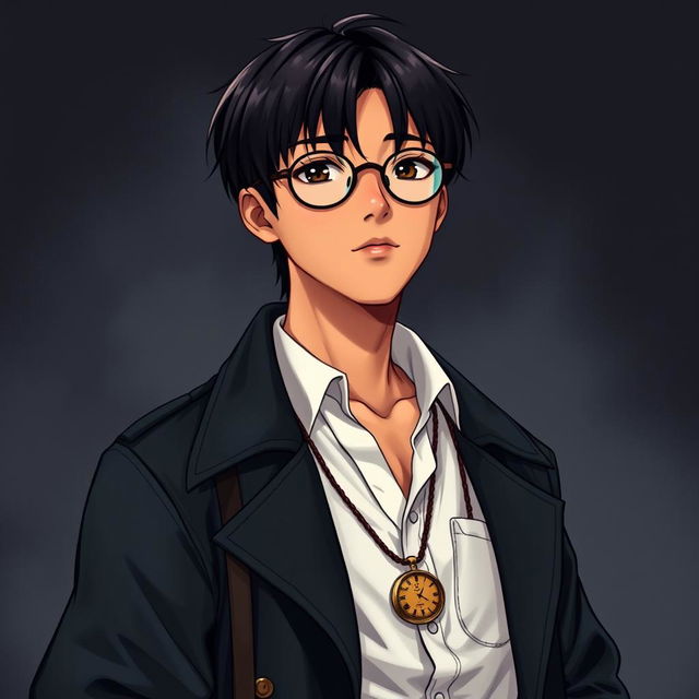 A full-body illustration of a young Asian man with deep brown skin and straight black hair, wearing round glasses