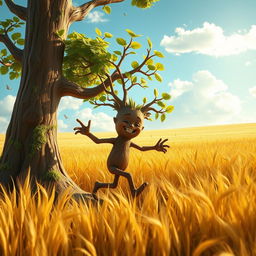 A whimsical redwood treefolk, with a sturdy trunk for a body and branches resembling arms, cheerfully rambling through a sprawling golden field of wheat