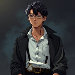 A full-body depiction of a young Asian man with deeper brown skin and straight black hair, dressed in a loose classic white shirt with straps and a stylish black trench coat