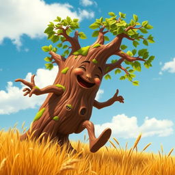 A whimsical redwood treefolk, with a sturdy trunk for a body and branches resembling arms, cheerfully rambling through a sprawling golden field of wheat