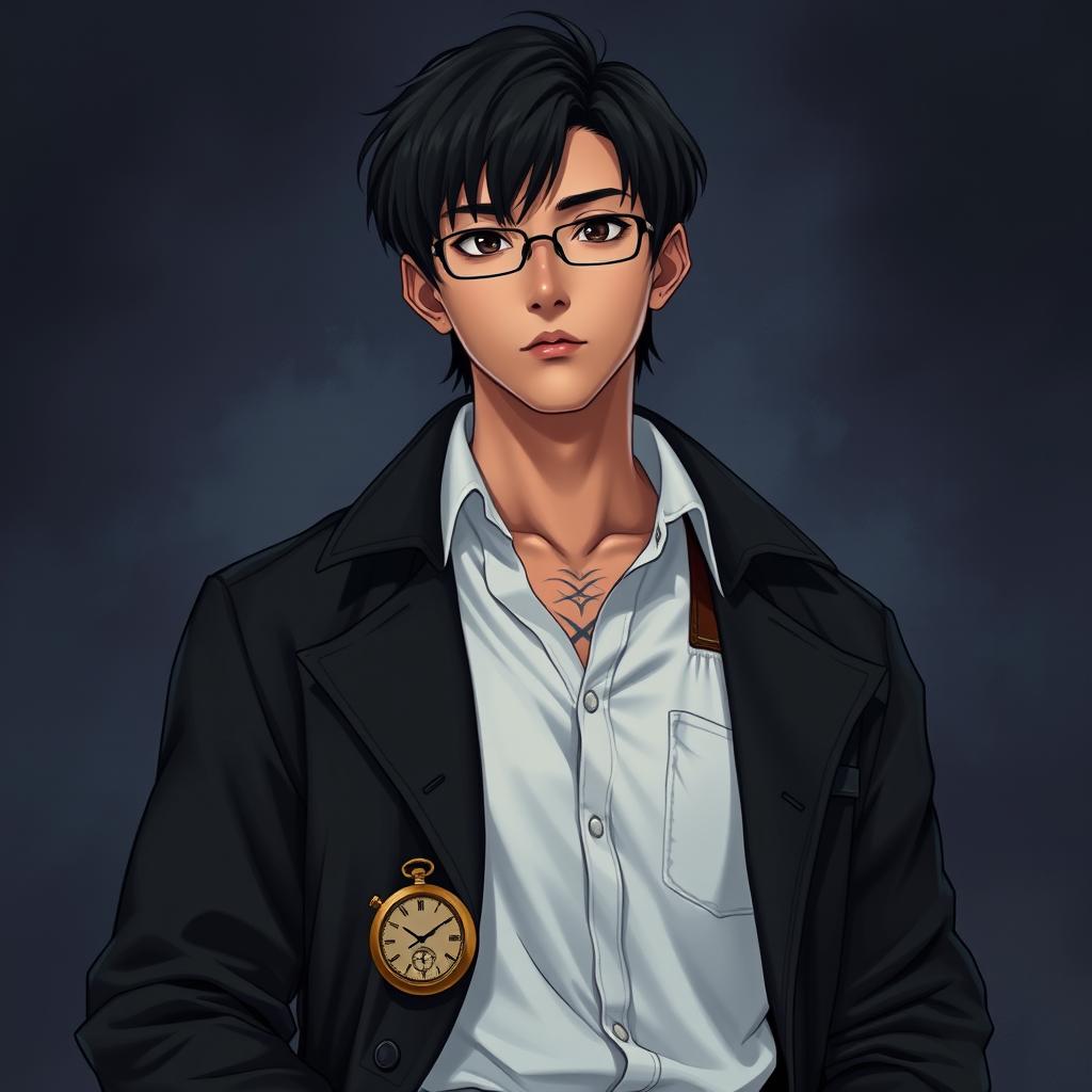 A full-body depiction of a young Asian man with deeper brown skin and straight black hair, dressed in a loose classic white shirt with straps and a stylish black trench coat