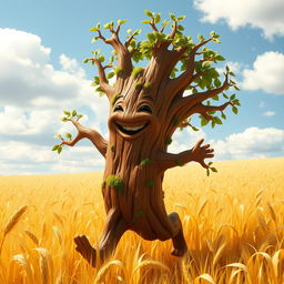 A whimsical redwood treefolk, with a sturdy trunk for a body and branches resembling arms, cheerfully rambling through a sprawling golden field of wheat