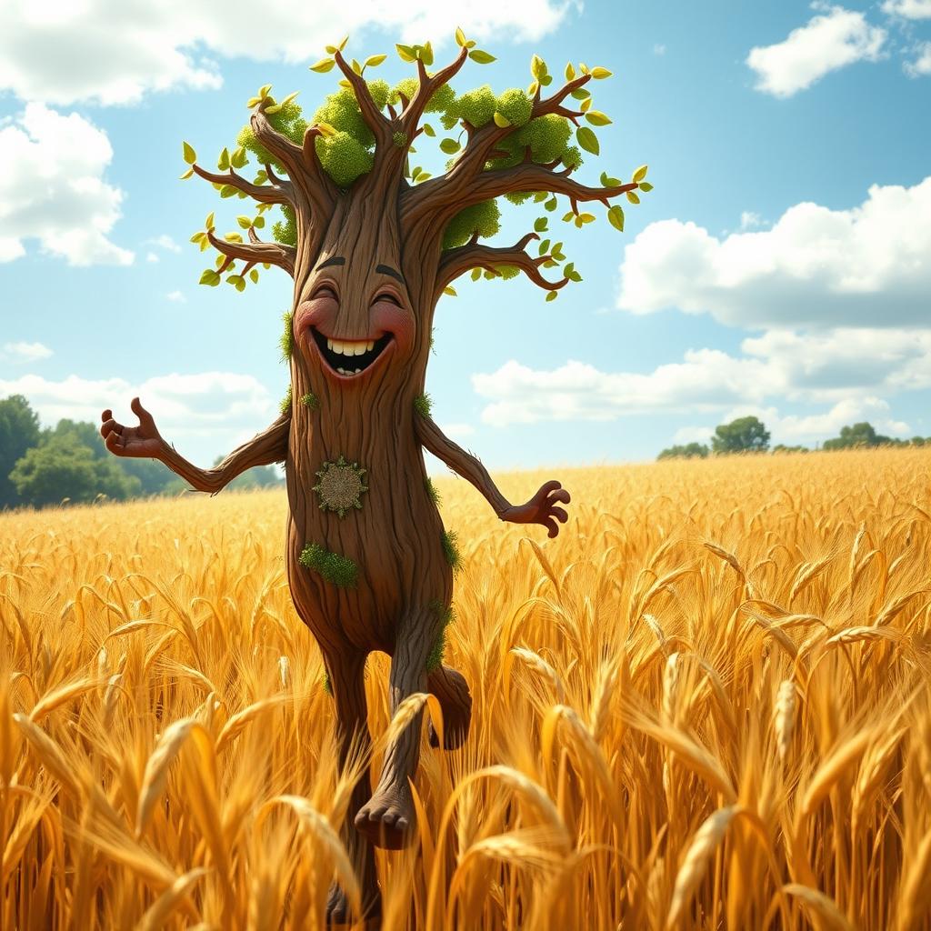 A whimsical redwood treefolk, with a sturdy trunk for a body and branches resembling arms, cheerfully rambling through a sprawling golden field of wheat