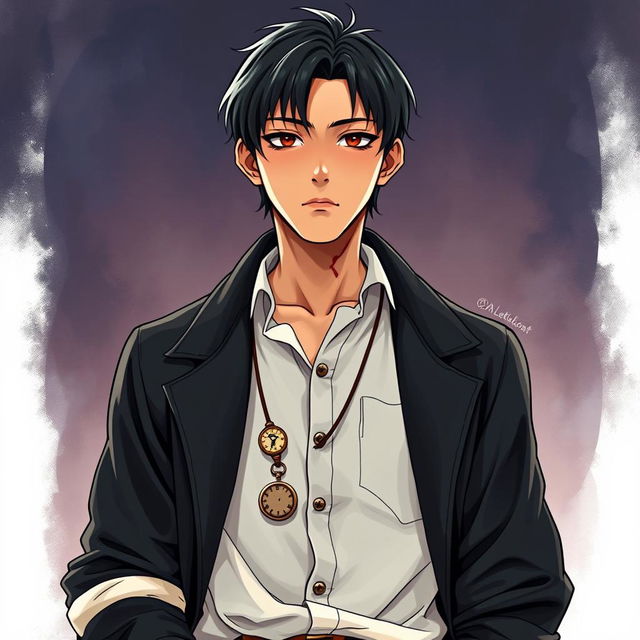 A full-body illustration of a young Asian man with deeper brown skin and straight black hair, appearing to be around 26 years old