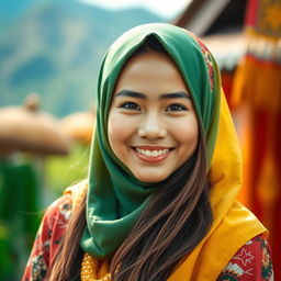 A beautiful Indonesian girl wearing a stylish and colorful hijab that enhances her features