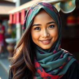 A beautiful Indonesian girl wearing a stylish and colorful hijab that enhances her features