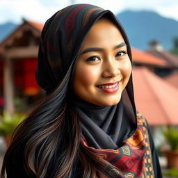 A beautiful Indonesian girl wearing a stylish and colorful hijab that enhances her features