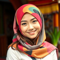 A beautiful Indonesian girl wearing a stylish and colorful hijab that enhances her features