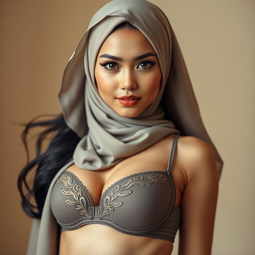 A beautiful Indonesian girl with an elegant hijab, showcasing her stunning features and striking facial expression