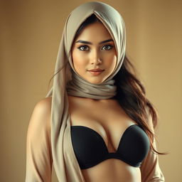 A beautiful Indonesian girl with an elegant hijab, showcasing her stunning features and striking facial expression