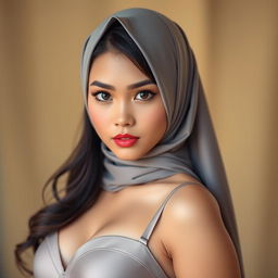 A beautiful Indonesian girl with an elegant hijab, showcasing her stunning features and striking facial expression