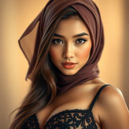 A beautiful Indonesian girl with an elegant hijab, showcasing her stunning features and striking facial expression