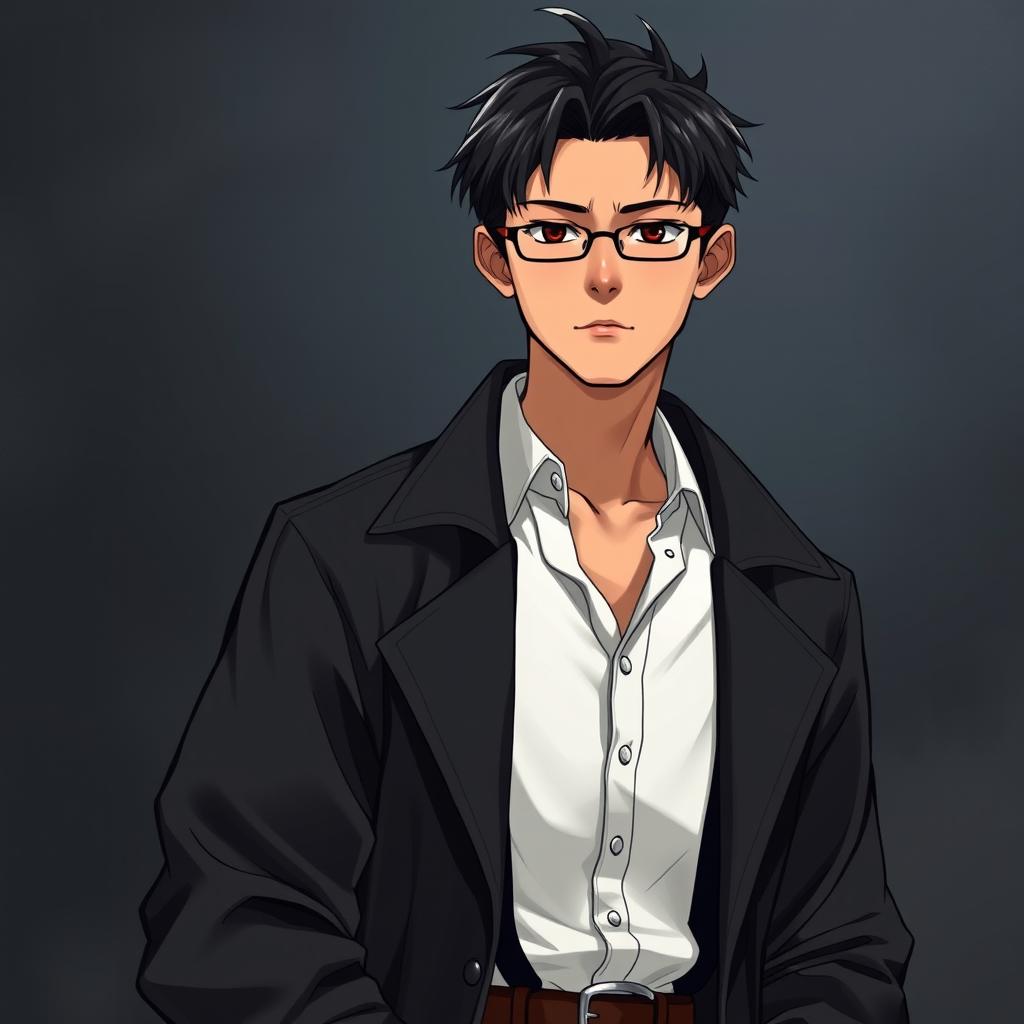 A young Asian man around 26 years old with tanned skin and straight hair, wearing a classic loose white shirt with suspenders