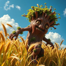 A whimsical redwood treefolk, characterized by a thick, textured bark-like body and leafy hair, shambling clumsily through a vibrant field of golden wheat