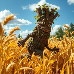 A whimsical redwood treefolk, characterized by a thick, textured bark-like body and leafy hair, shambling clumsily through a vibrant field of golden wheat