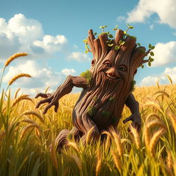 A whimsical redwood treefolk, characterized by a thick, textured bark-like body and leafy hair, shambling clumsily through a vibrant field of golden wheat