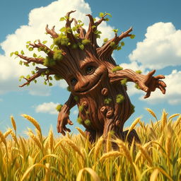 A whimsical redwood treefolk, characterized by a thick, textured bark-like body and leafy hair, shambling clumsily through a vibrant field of golden wheat