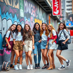 A group of stylish young women, dressed in trendy school outfits, confidently posing in an urban environment