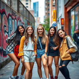 A group of stylish young women, dressed in trendy school outfits, confidently posing in an urban environment