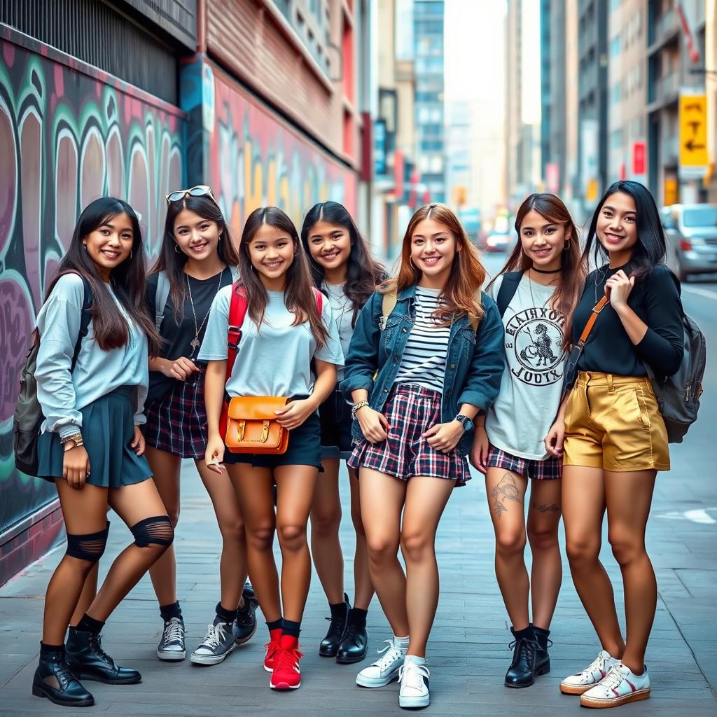 A group of stylish young women, dressed in trendy school outfits, confidently posing in an urban environment