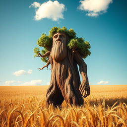 A stoic redwood treefolk, characterized by its towering stature and intricate bark-like texture, standing quietly in a vast field of golden wheat