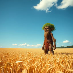 A stoic redwood treefolk, characterized by its towering stature and intricate bark-like texture, standing quietly in a vast field of golden wheat