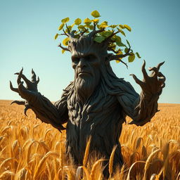 A stoic treefolk, embodying a powerful presence with its bark-like skin and gnarled branches resembling arms, standing resolutely in a vast field of golden wheat