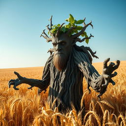 A stoic treefolk, embodying a powerful presence with its bark-like skin and gnarled branches resembling arms, standing resolutely in a vast field of golden wheat