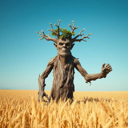 A stoic treefolk, embodying a powerful presence with its bark-like skin and gnarled branches resembling arms, standing resolutely in a vast field of golden wheat