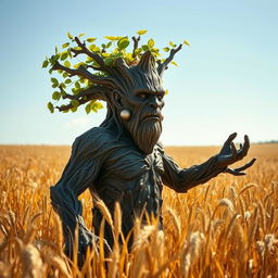 A stoic treefolk, embodying a powerful presence with its bark-like skin and gnarled branches resembling arms, standing resolutely in a vast field of golden wheat