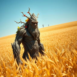 A stoic treefolk, with a strong and ancient appearance characterized by rough, bark-like skin and elongated limbs resembling branches, standing majestically in a vast field of golden wheat