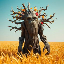 A stoic treefolk, with a strong and ancient appearance characterized by rough, bark-like skin and elongated limbs resembling branches, standing majestically in a vast field of golden wheat