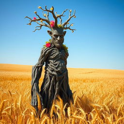 A stoic treefolk, with a strong and ancient appearance characterized by rough, bark-like skin and elongated limbs resembling branches, standing majestically in a vast field of golden wheat