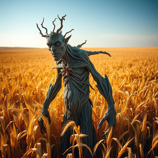 A stoic treefolk, with a strong and ancient appearance characterized by rough, bark-like skin and elongated limbs resembling branches, standing majestically in a vast field of golden wheat