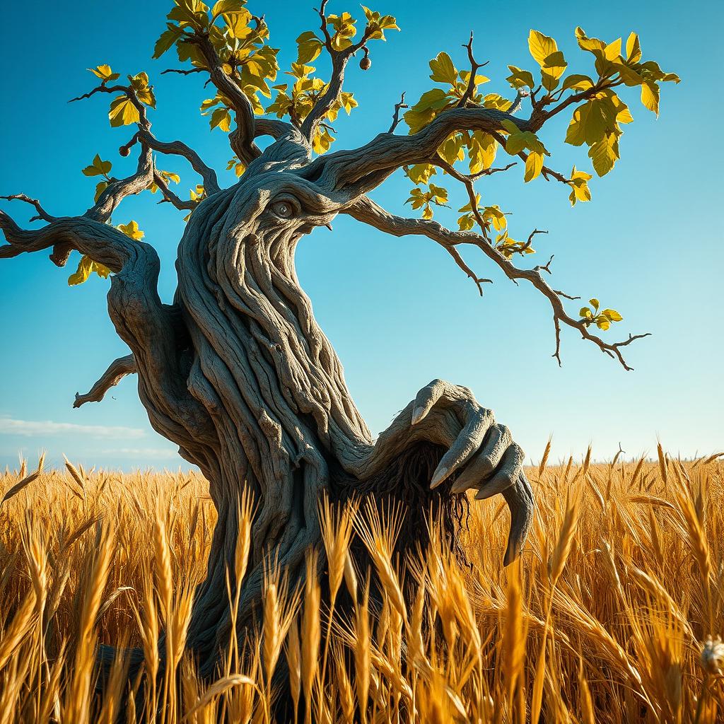 A withered treefolk, exhibiting an aged and weathered appearance with gnarled branches and cracked bark, basking in a sunlit field of golden wheat