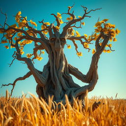 A withered treefolk, exhibiting an aged and weathered appearance with gnarled branches and cracked bark, basking in a sunlit field of golden wheat