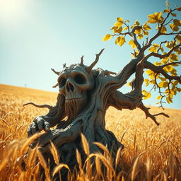 A withered treefolk, exhibiting an aged and weathered appearance with gnarled branches and cracked bark, basking in a sunlit field of golden wheat