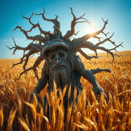 A withered treefolk, exhibiting an aged and weathered appearance with gnarled branches and cracked bark, basking in a sunlit field of golden wheat