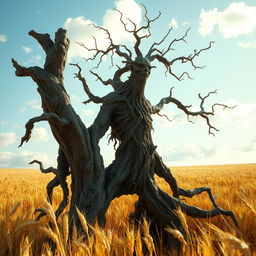 A withered treefolk, an ancient and gnarled figure with cracked bark and sparse leaves, standing amidst a golden field of wheat