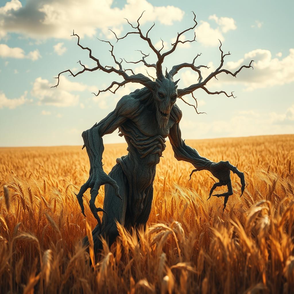 A withered treefolk, an ancient and gnarled figure with cracked bark and sparse leaves, standing amidst a golden field of wheat