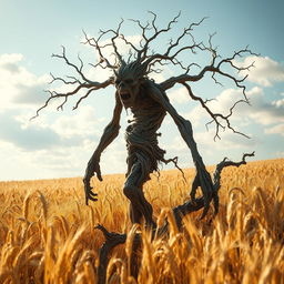 A withered treefolk, an ancient and gnarled figure with cracked bark and sparse leaves, standing amidst a golden field of wheat