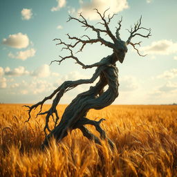 A withered treefolk, an ancient and gnarled figure with cracked bark and sparse leaves, standing amidst a golden field of wheat