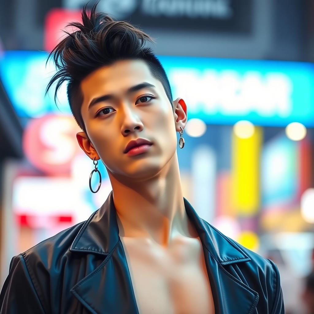 A hot Korean Thai male with a stylish ponytail, wearing trendy earrings