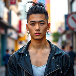 A hot Korean Thai male with a stylish ponytail, wearing trendy earrings