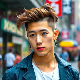 A hot Korean Thai male with a stylish ponytail, wearing trendy earrings