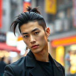 A hot Korean Thai male with a stylish ponytail, wearing trendy earrings