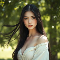 A stunning portrait of a person with pale skin and long, flowing black hair