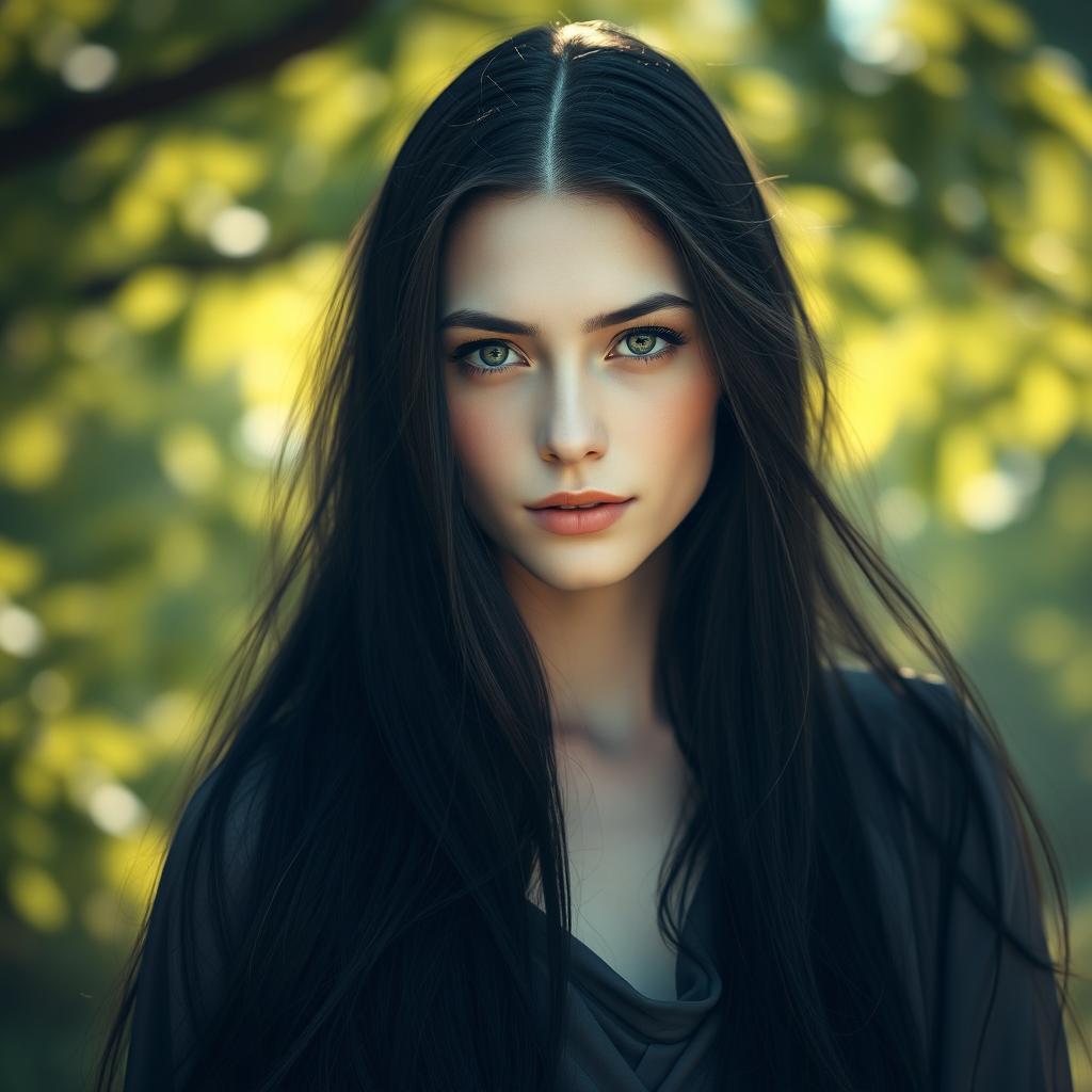 A stunning portrait of a person with pale skin and long, flowing black hair